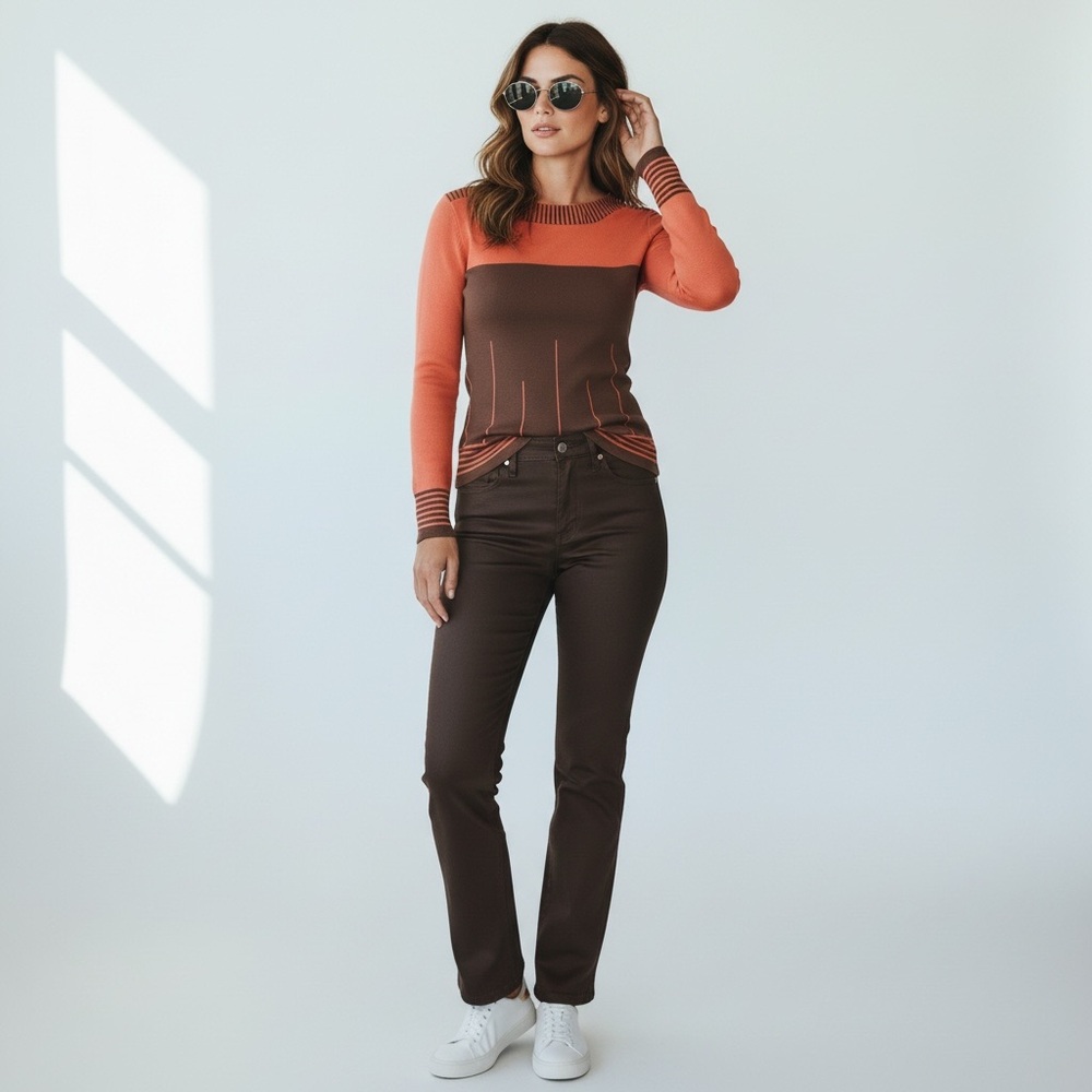 Notations Women's Coral and Chocolate Brown Long 3/4 Sleeve Top - Picture 3 of 15